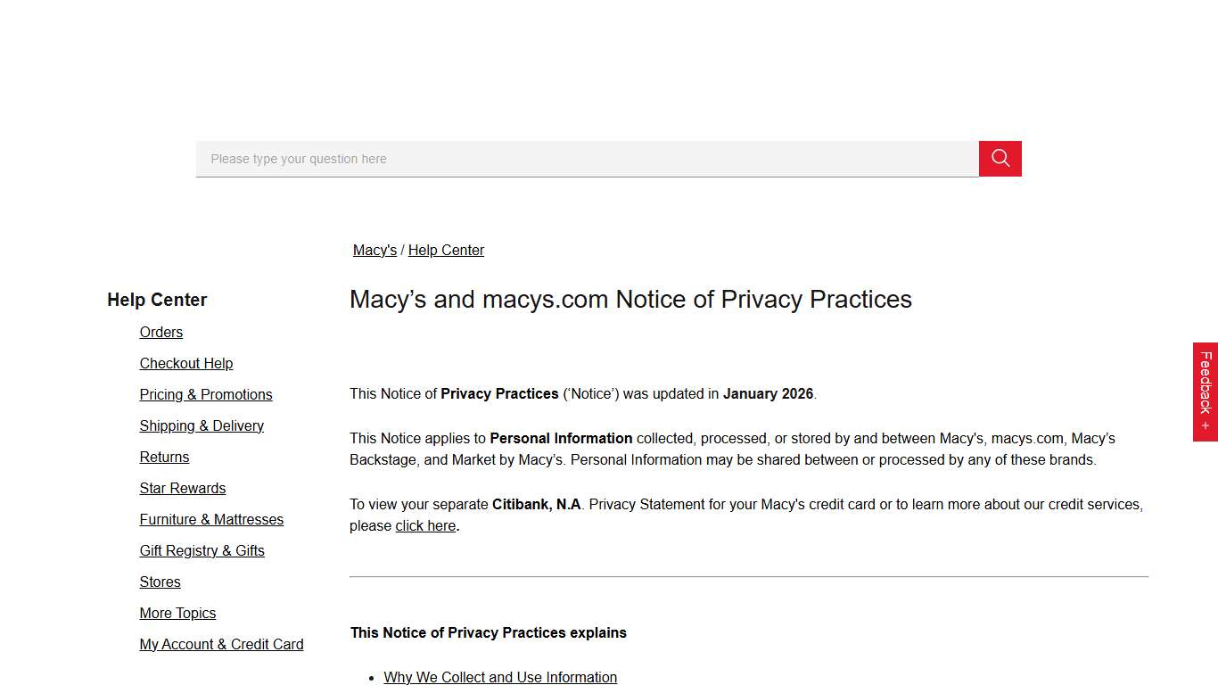Macy’s and macys.com Notice of Privacy Practices | Macy's Customer Service